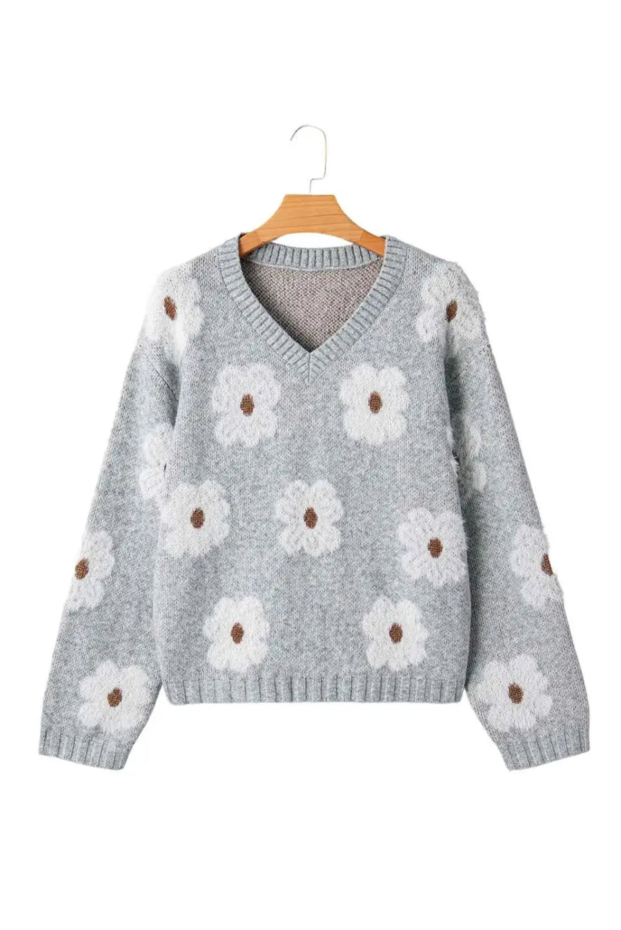 Oversized grey floral knit jumper – v‑neck sweaters