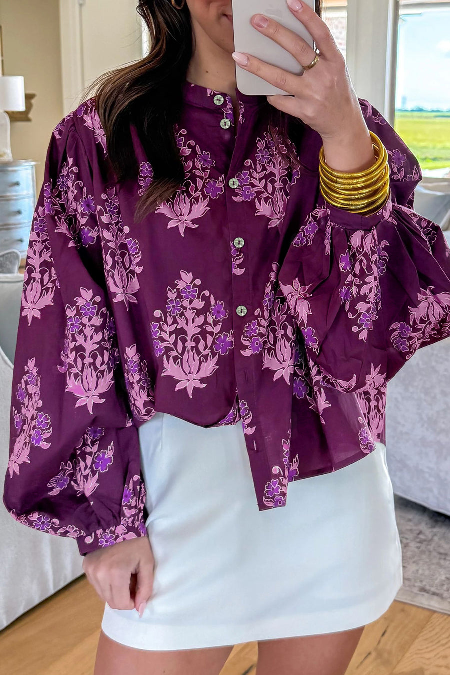Purple Floral Print Long Puff Sleeve Shirt UK — back view showing loose silhouette and floral print — Fashionfitz