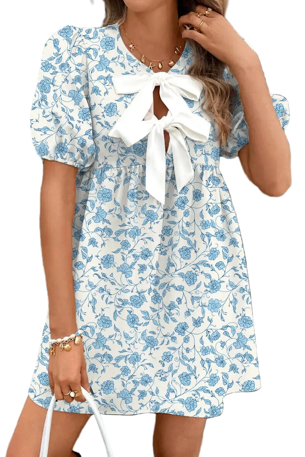 Sky blue floral puff sleeve mini dress with bows