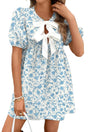 Sky blue floral puff sleeve mini dress with bows