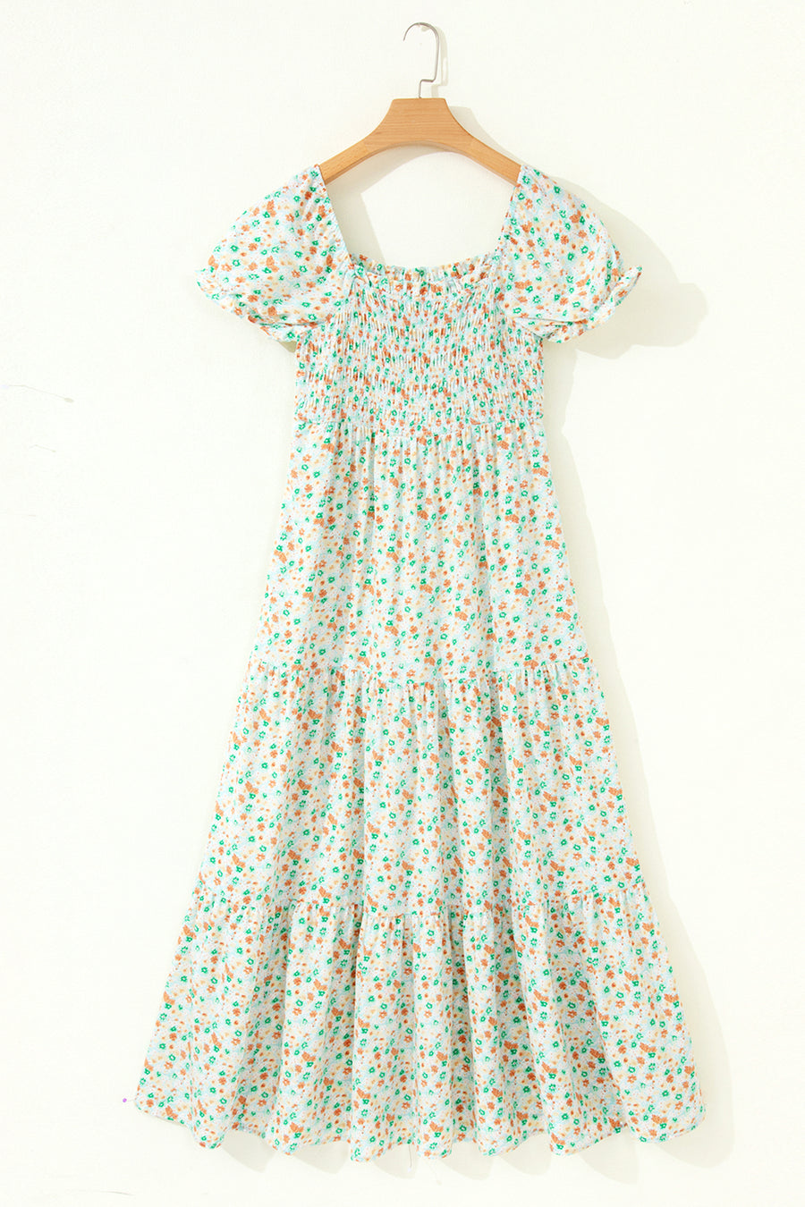Pink Floral Bubble Sleeve Shirred High Waist Maxi Dress Women UK
