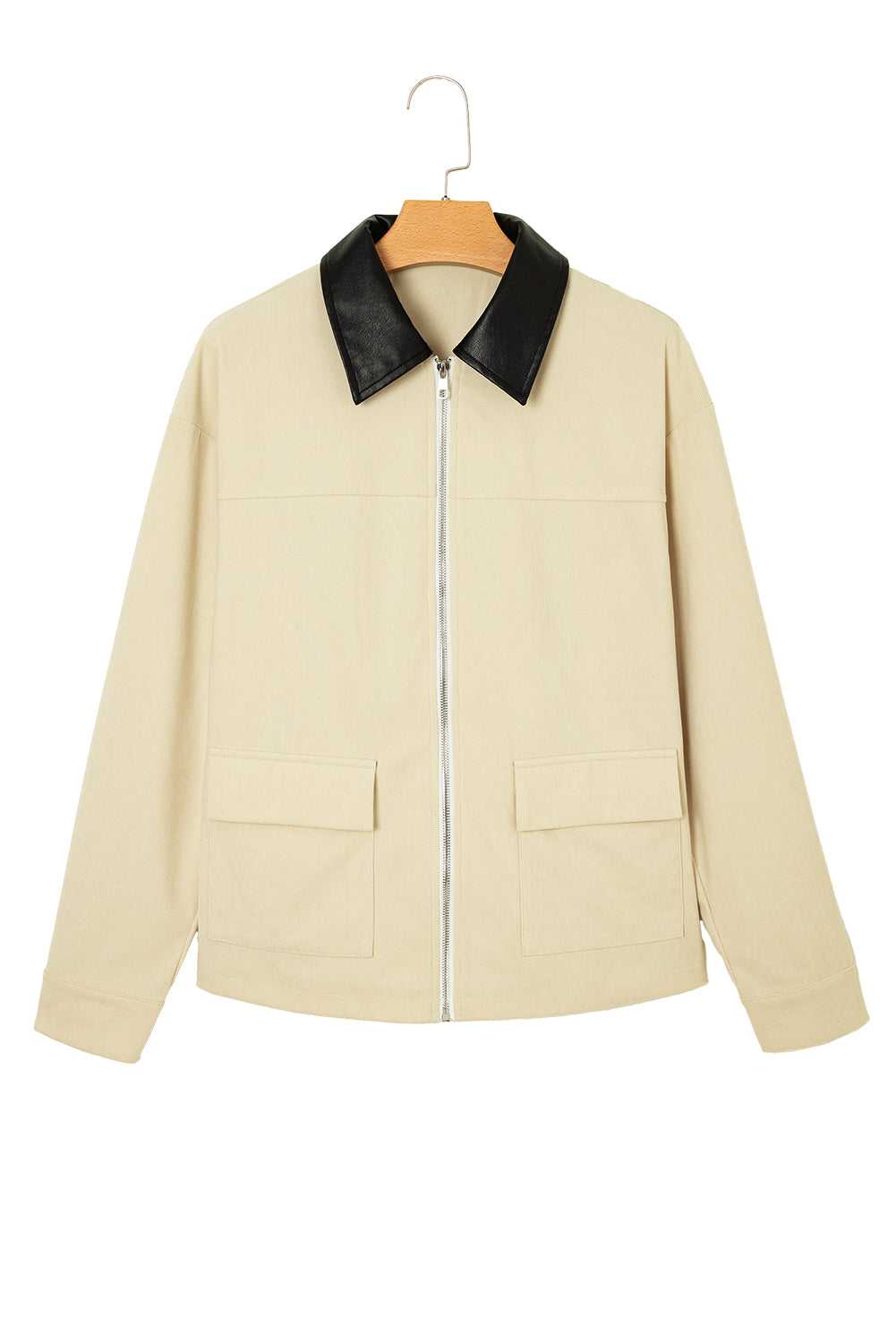 Studio shot of Leather Collar Corduroy Jacket on hanger, featuring front zip, patch pockets, and contrast leather collar.