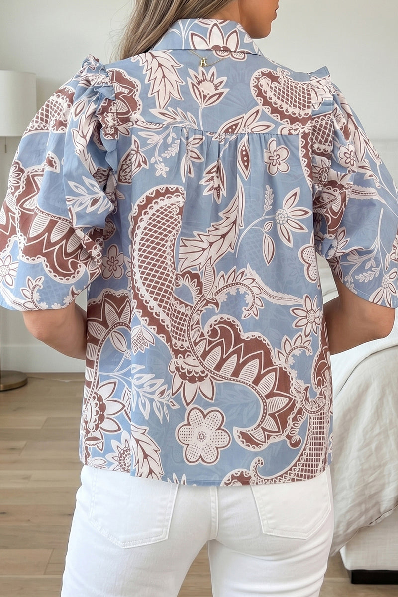 Boho Floral Scalloped Trim Short Sleeve Shirt Women UK