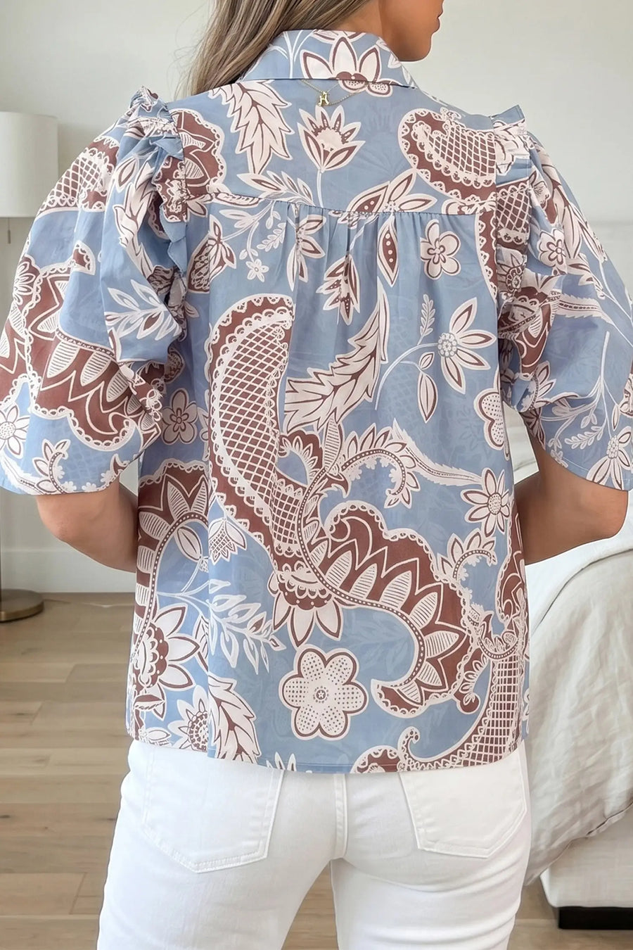 Boho floral scalloped trim short sleeve shirt back view — Fashionfitz UK