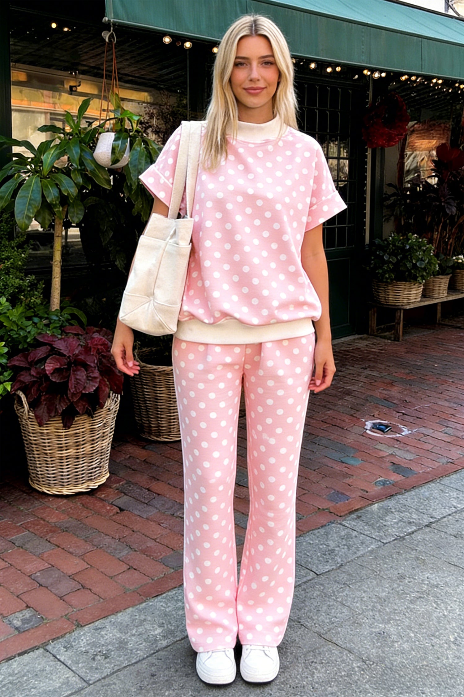 Polka Dot Mock Neck Short Sleeve Top & Shift Trousers Co-Ord Set