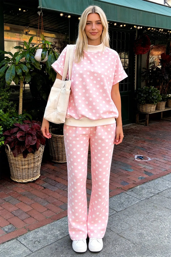 Pink polka dot print mock neck short sleeve top shift pant set