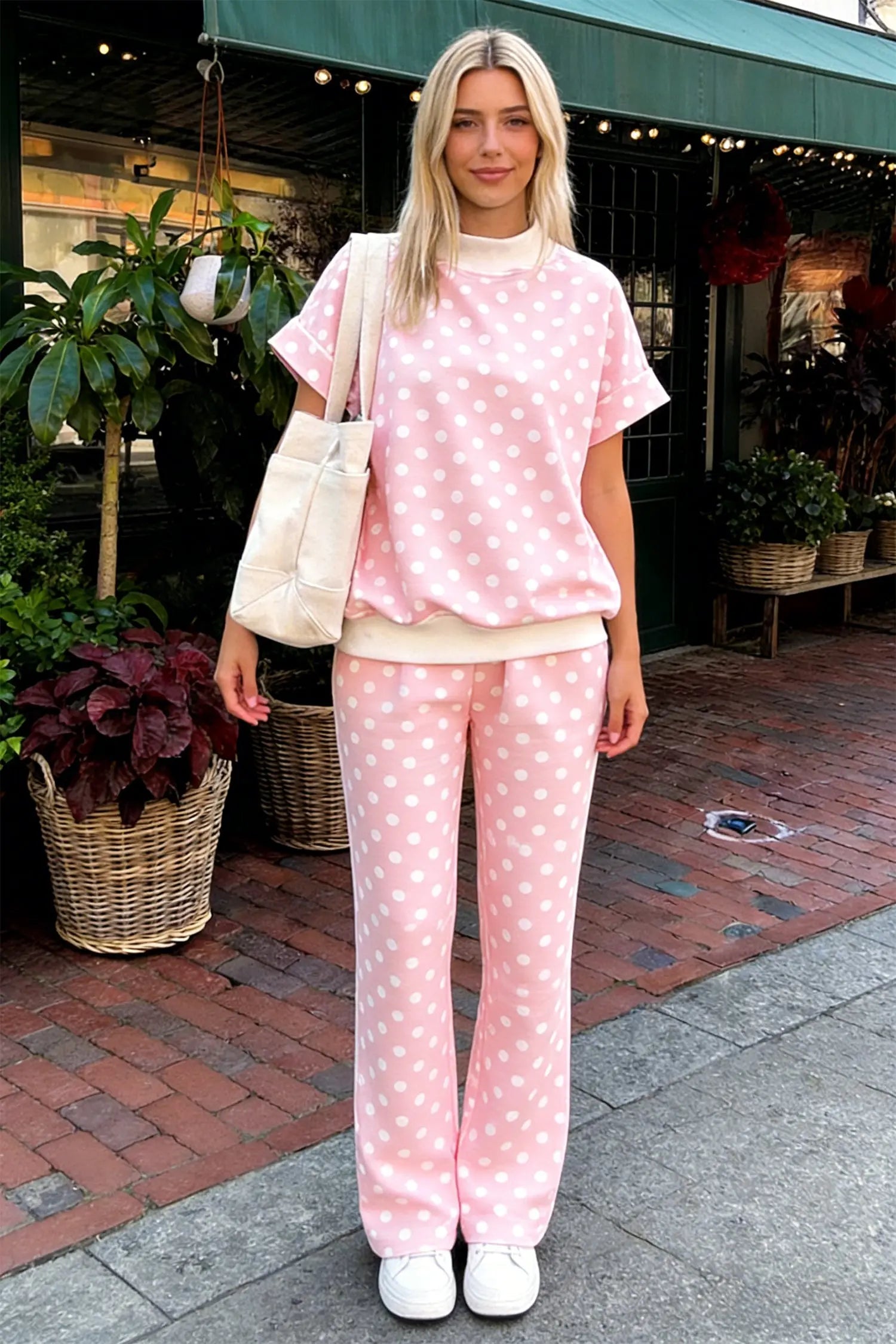 Pink polka dot print mock neck short sleeve top shift pant set
