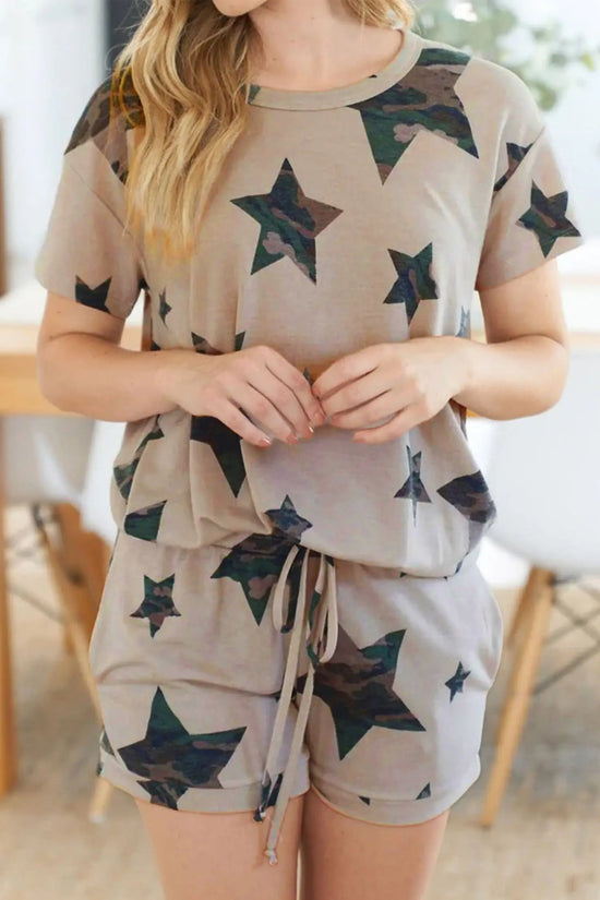 Khaki camo star print short lounge set
