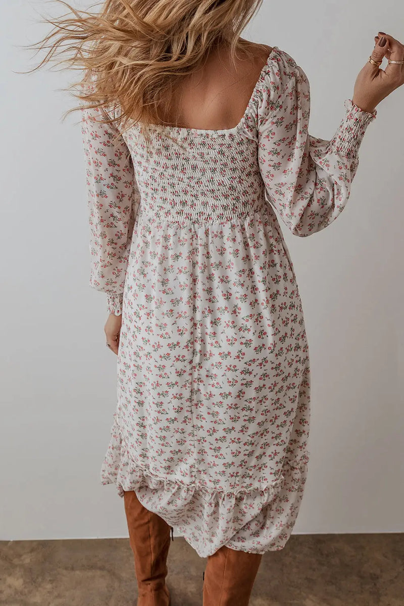 White Floral Shirred Square Neck Ruffled Hem Midi Dress Women UK