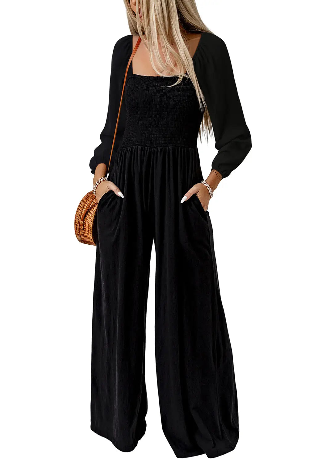 Full length view of wide leg jumpsuit showing elegant drape and floor-length silhouette Fashionfitz UK