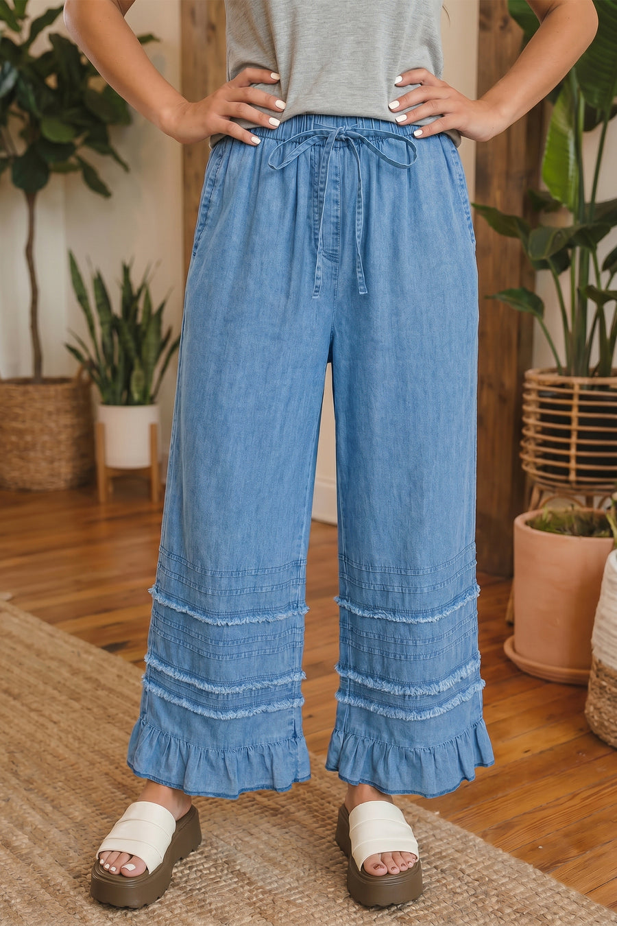 Ruffled Hem Wide Leg Chambray Pants Women UK