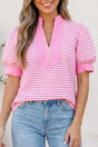 Pink stripe colourblock split neck short sleeve blouse front view — Fashionfitz UK