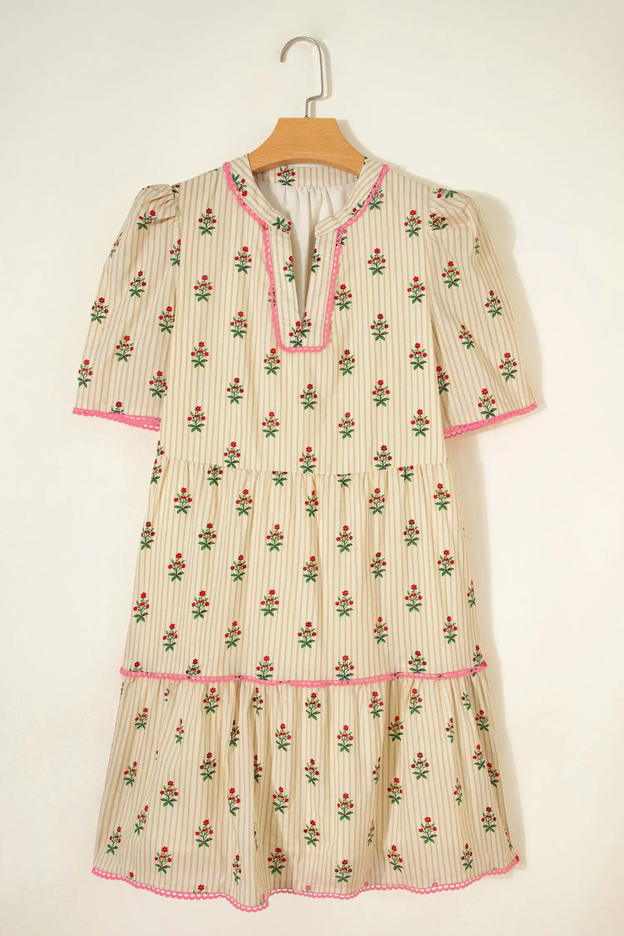Apricot Striped Floral Contrast Ruffle Hem Mini Dress Women UK