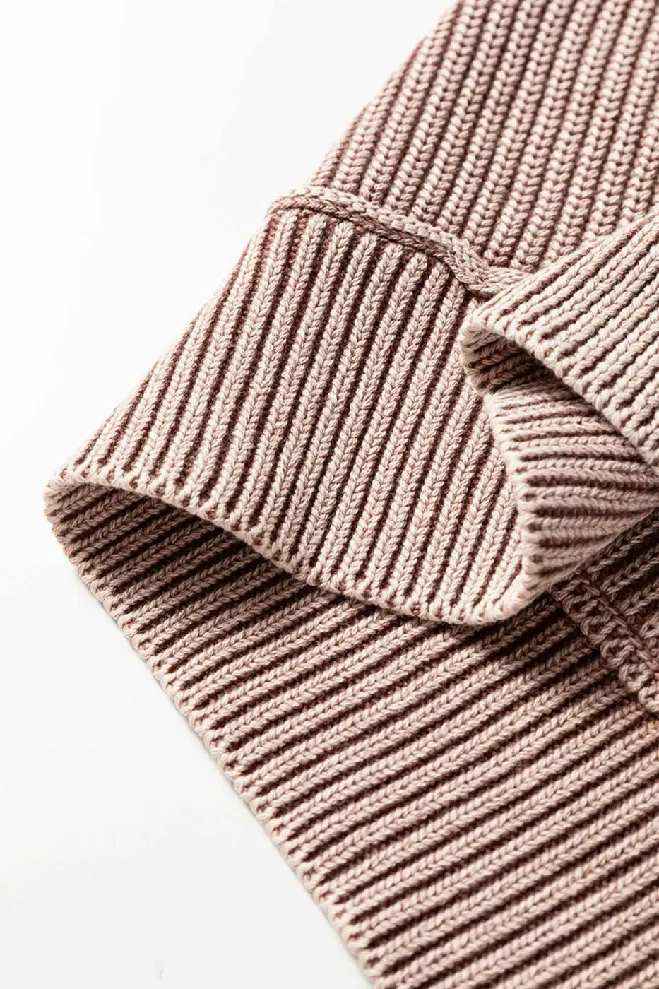 Detailed view of brown cuff and seam on Women's Stonewash Patchwork Knit Open Cardigan, highlighting ribbed knit craftsmanship.