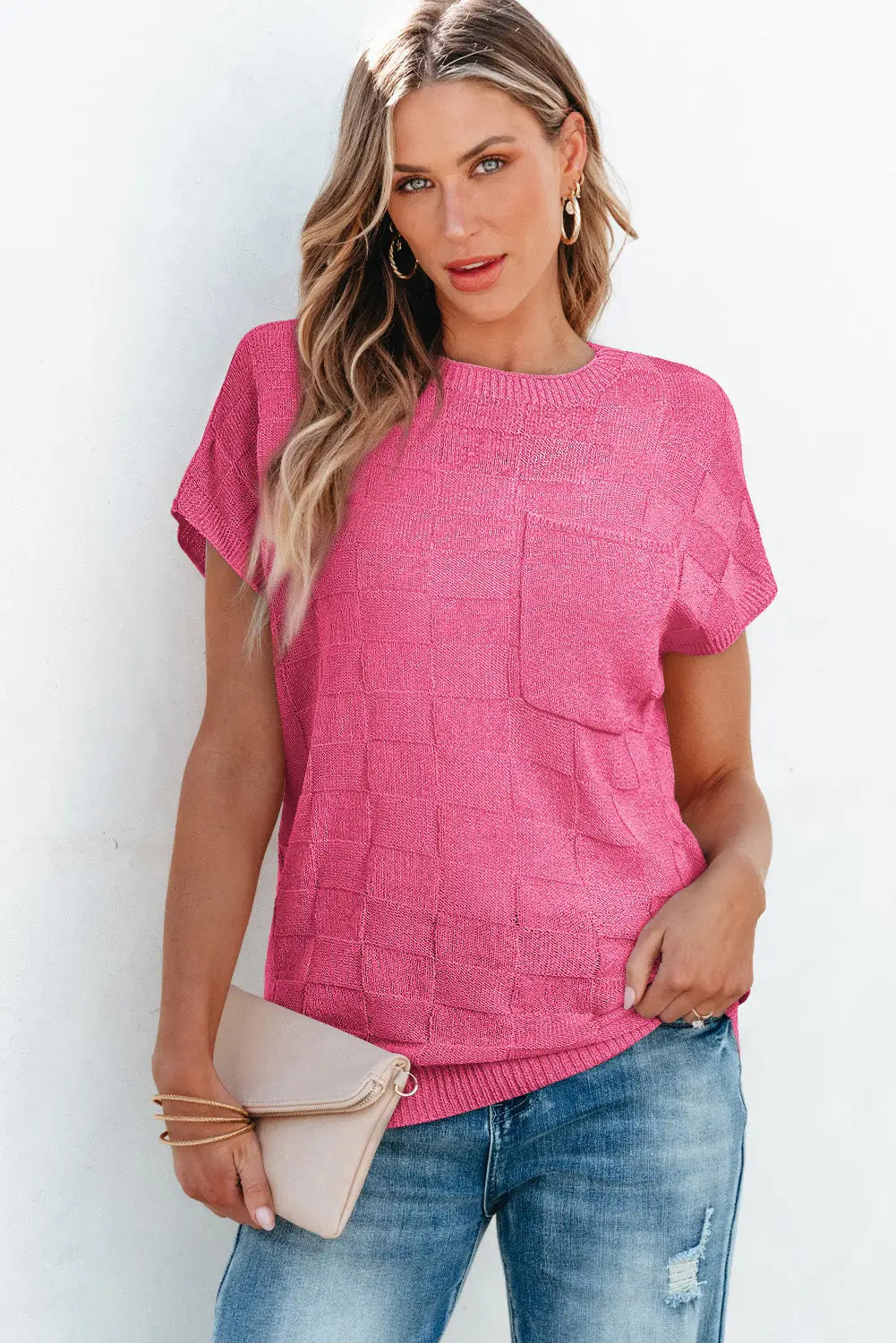 Lattice short sleeve sweater - pink sweaters