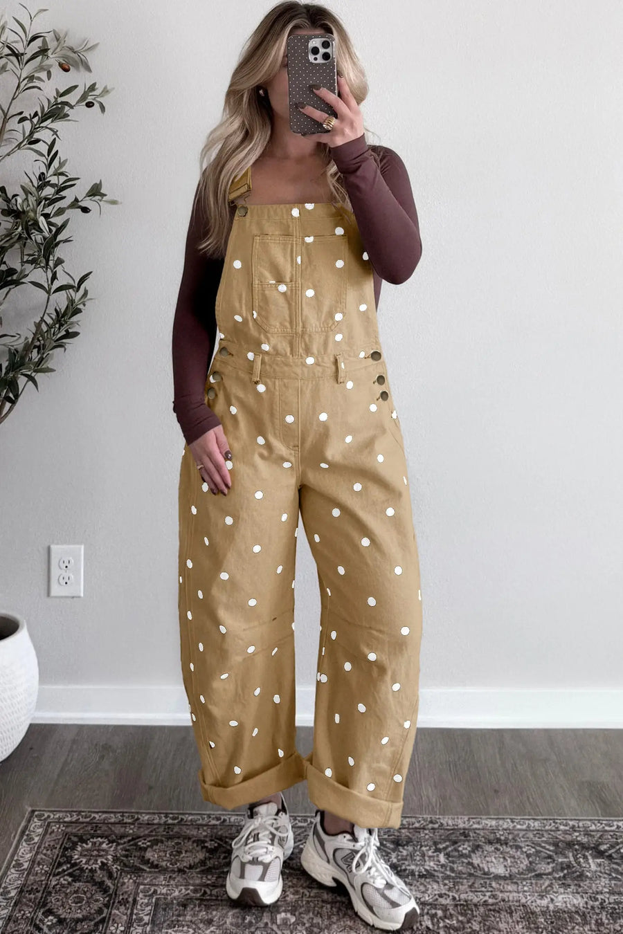 Polka dot denim barrel overalls side view | Fashionfitz UK