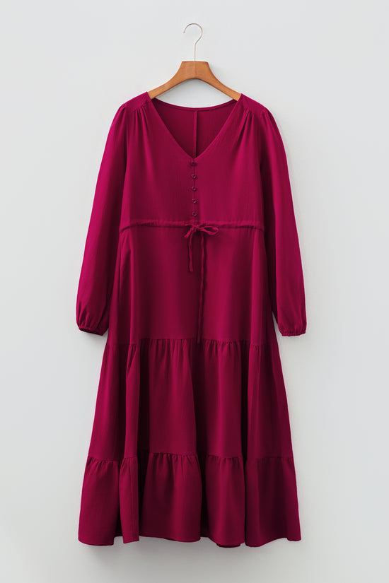 Burgundy Long Sleeve Tiered Maxi Dress