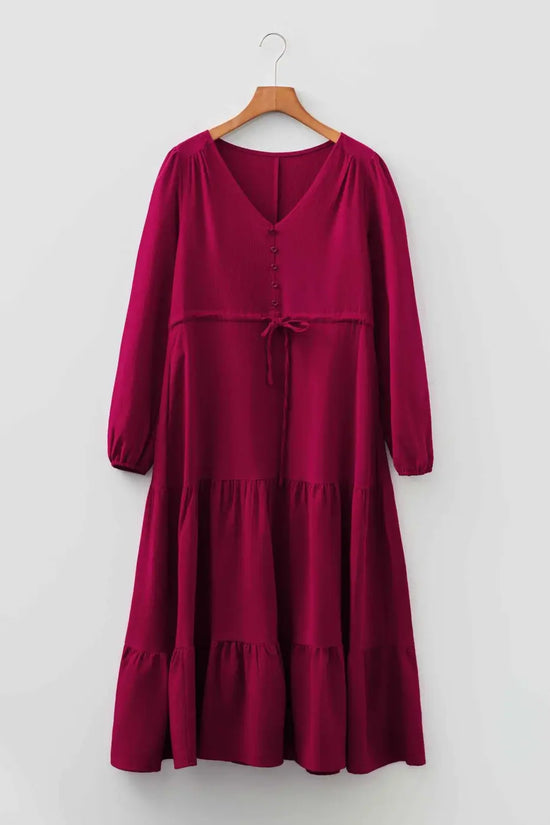 Burgundy Long Sleeve Tiered Maxi Dress