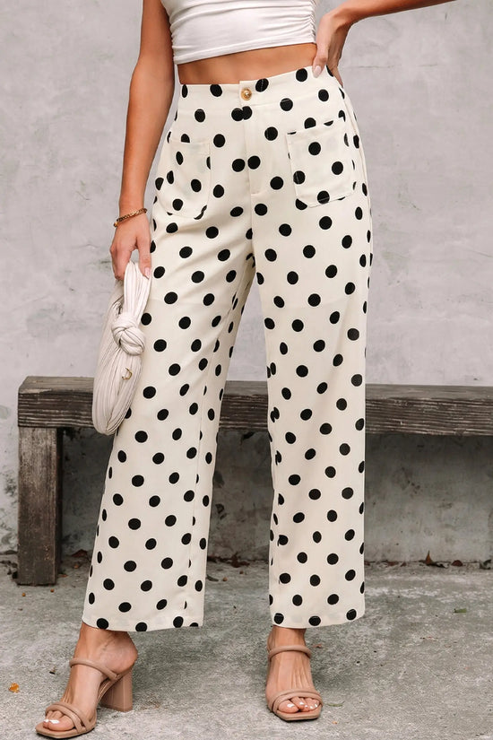 Sky blue polka dot print patched pocket mid-rise straight leg pants