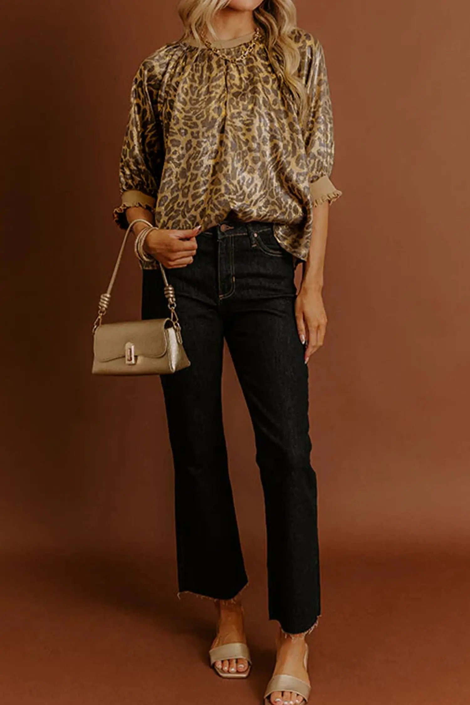 Half sleeve detail on gold metallic leopard print shift blouse | Fashionfitz UK