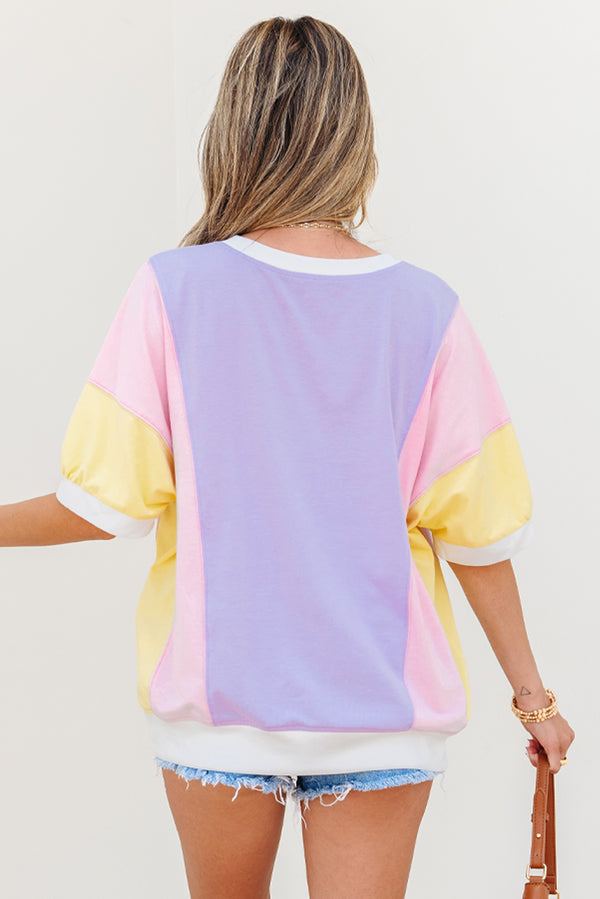 Colorblock Patchwork Half Sleeve Oversized T-Shirt Women UK