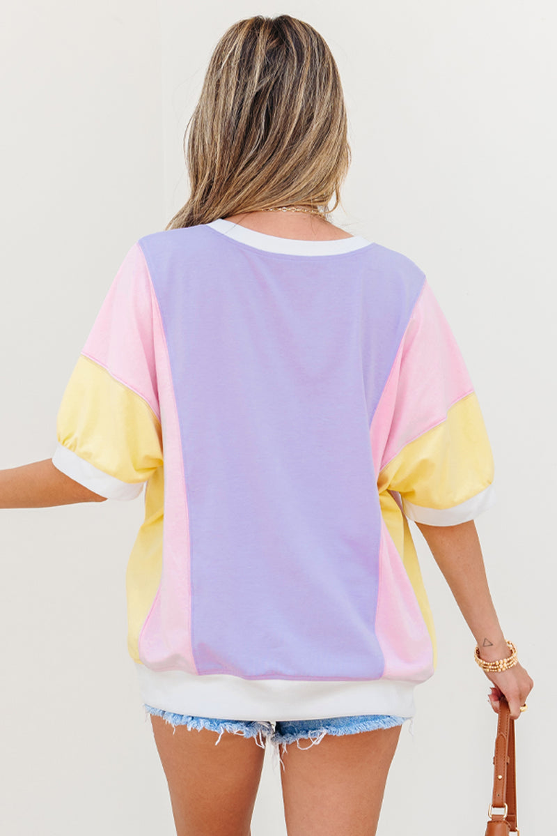 Colorblock Patchwork Half Sleeve Oversized T-Shirt Women UK