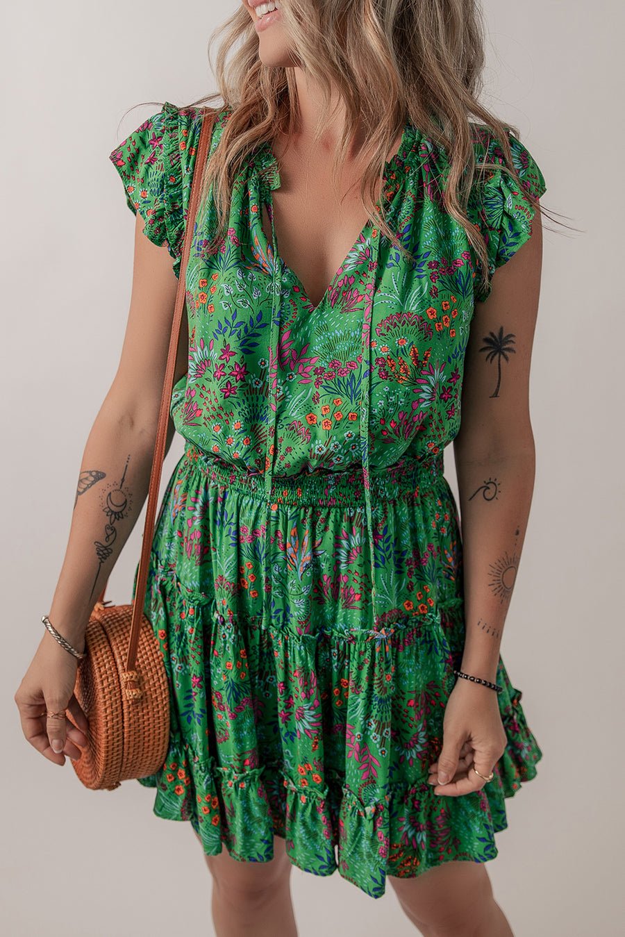 Green Floral Tie Split Neck Ruffle Trim Tiered Dress Women UK
