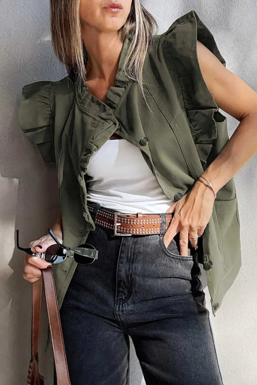 Green Bay Ruffled Denim Vest - Women's Fashion Trends paired with casual outfit, highlighting structured denim and feminine ruffle accents.