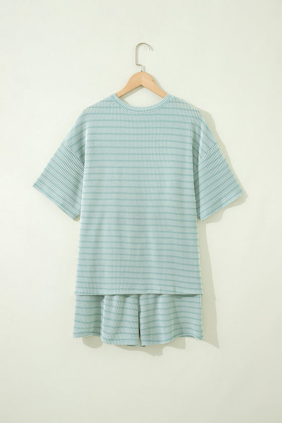 Stripe Raised Rib Loose Tee & Drawstring Elastic Waist Shorts Set