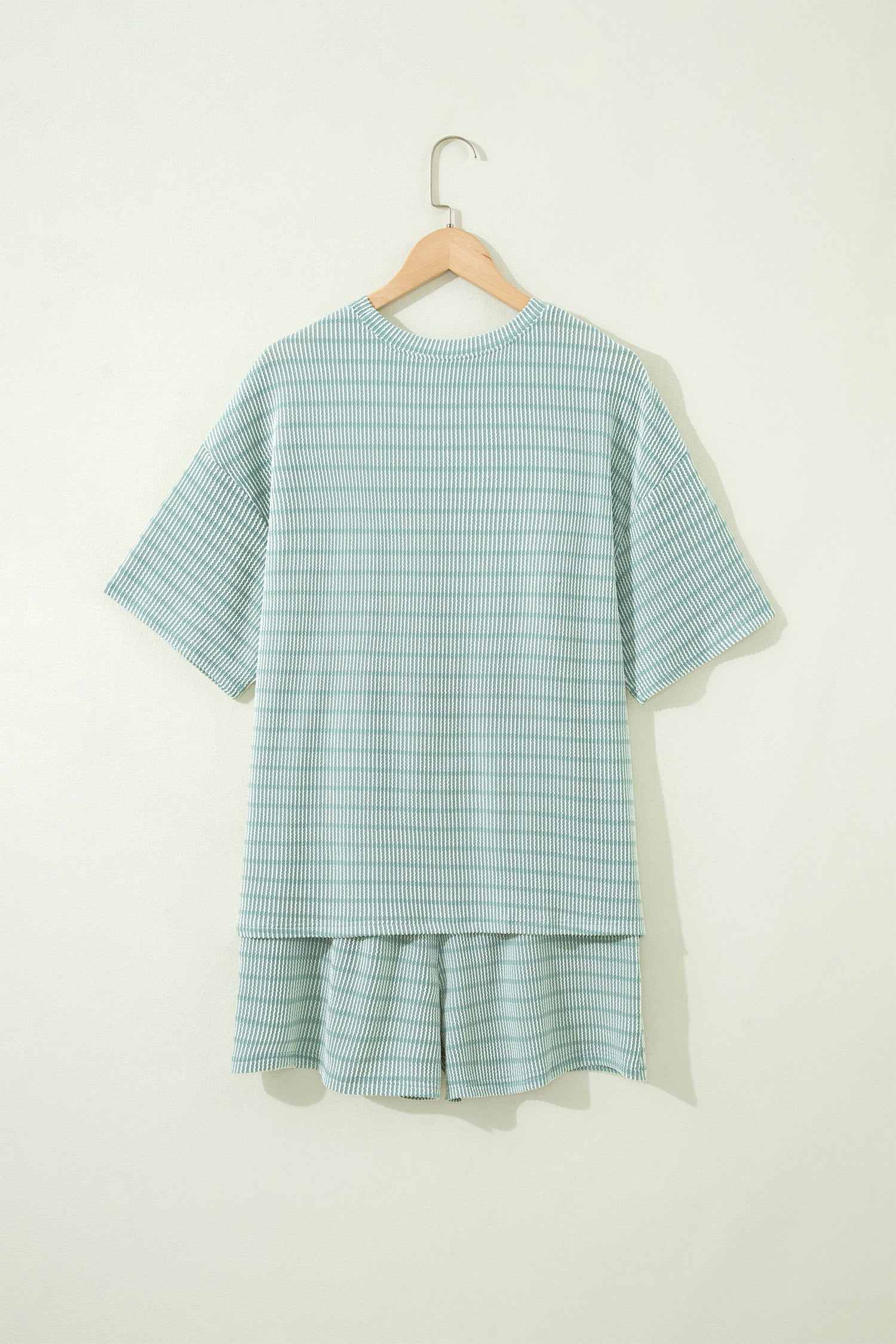 Stripe Raised Rib Loose Tee & Drawstring Elastic Waist Shorts Set