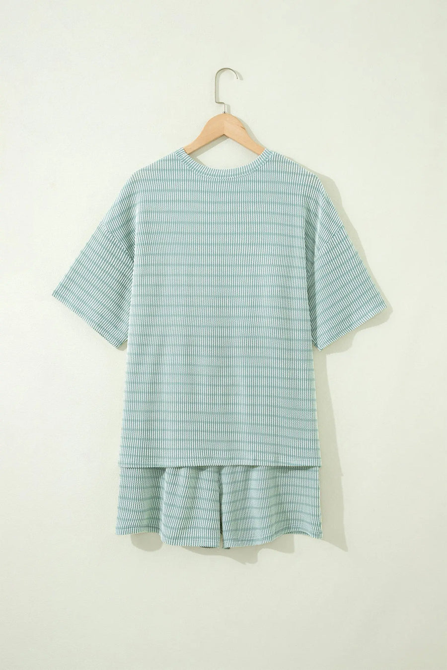 Stripe Raised Rib Loose Tee & Drawstring Elastic Waist Shorts Set