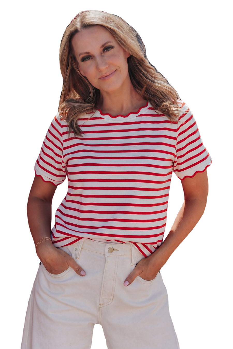 Scalloped Trim Stripe Cotton T-Shirt Round Neck Short Sleeve