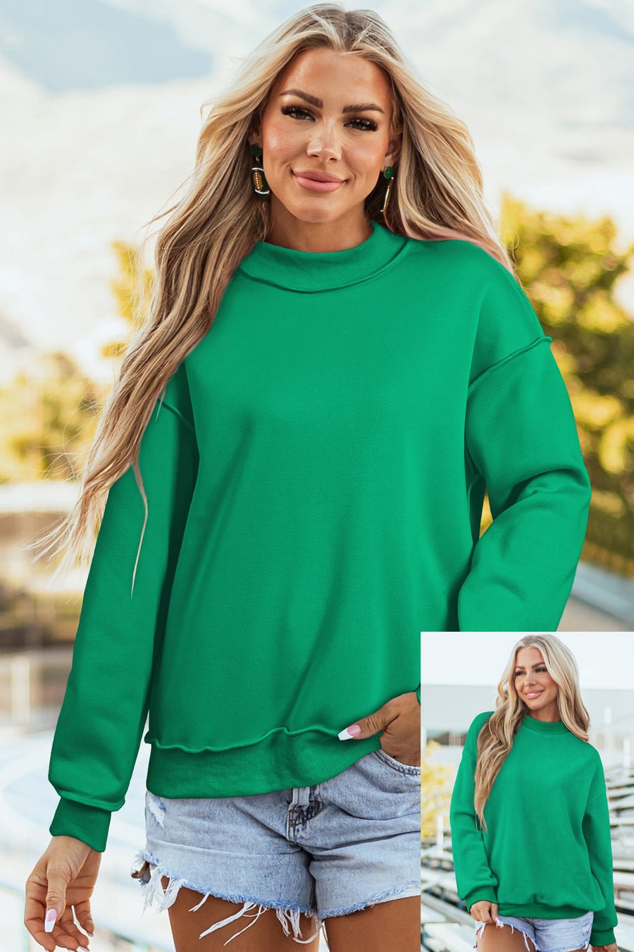 Drop Shoulder Reversible Mock Neck Sweatshirt Women UK in Green — front view showing drop shoulder silhouette and mock neck — Fashionfitz