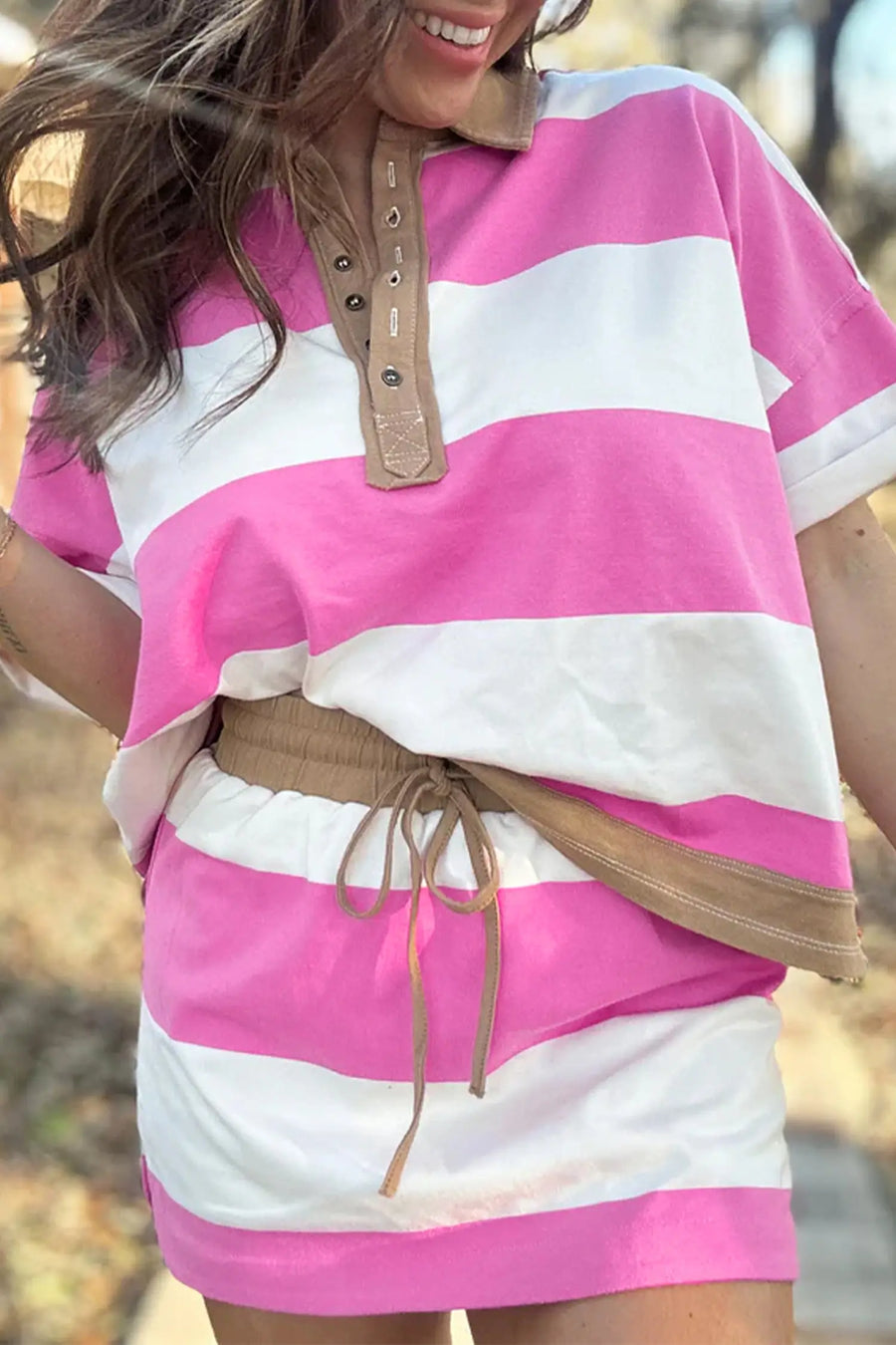 Rose Stripe Colorblock Trim Polo Tee Drawstring Mini Skirt 2pcs Set — close-up detail | Fashionfitz UK