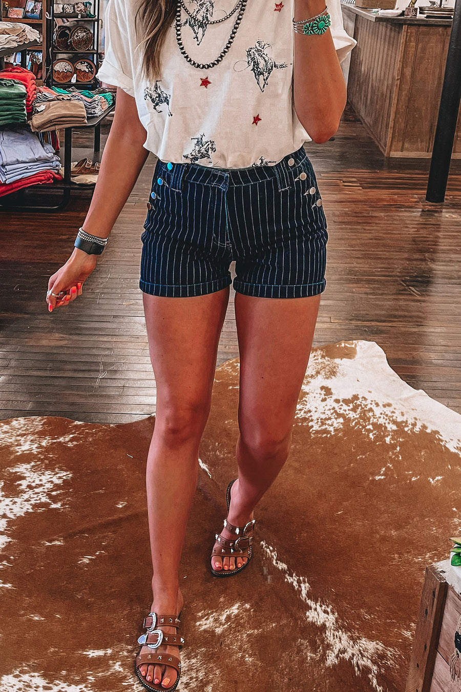 Blue stripe metal button denim shorts full length view — Fashionfitz UK