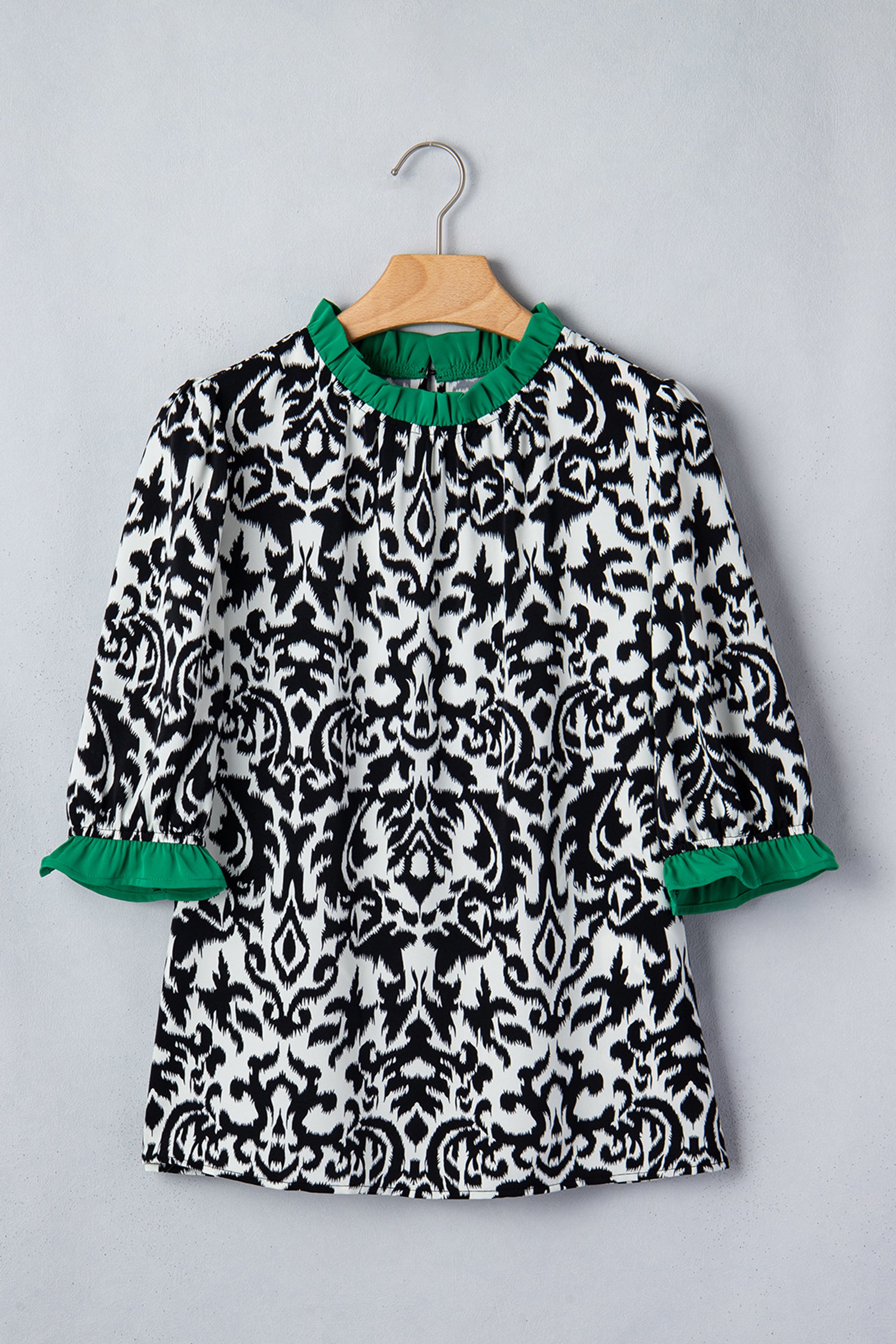 Damask Print Ruffled Colourblock Puff Sleeve Blouse Round Neck Shift