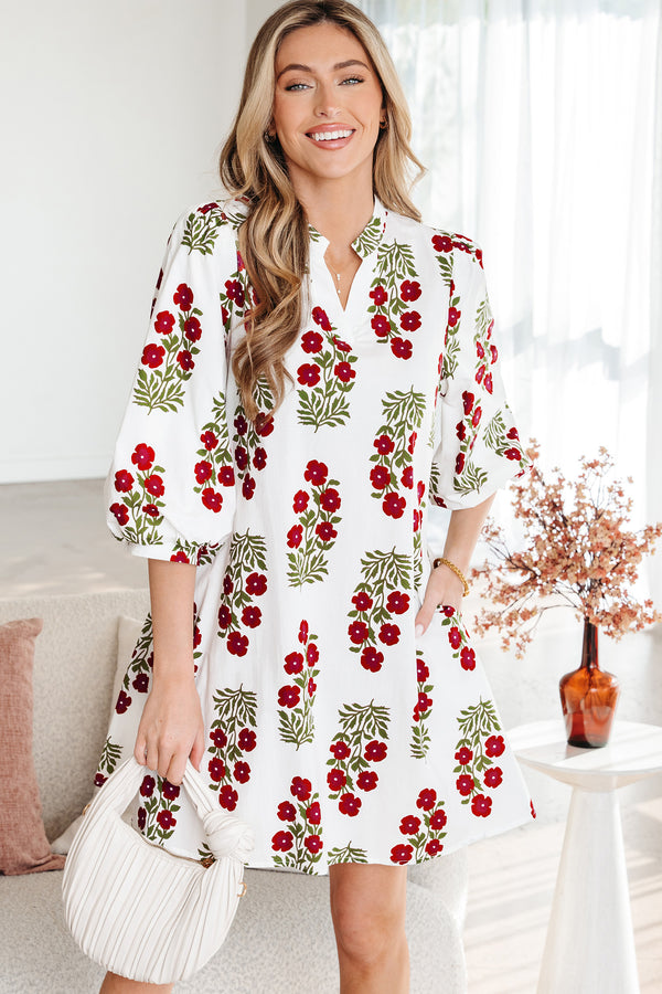 White floral V neck 3/4 sleeve loose mini dress women UK front view