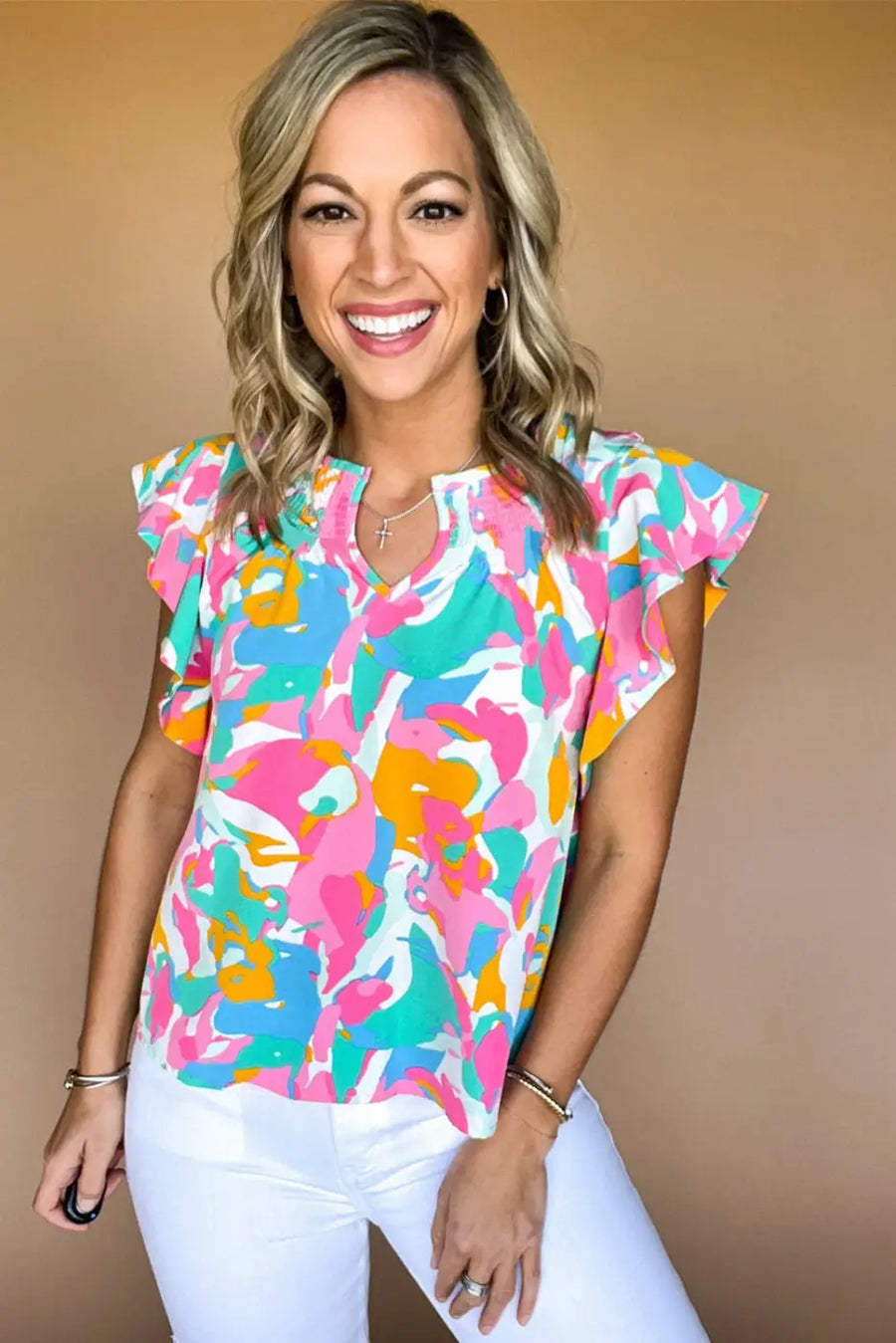 Vibrant Multi Colour Flutter Sleeve Abstract Print Blouse Women UK styled as a bold summer holiday outfit — Fashionfitz