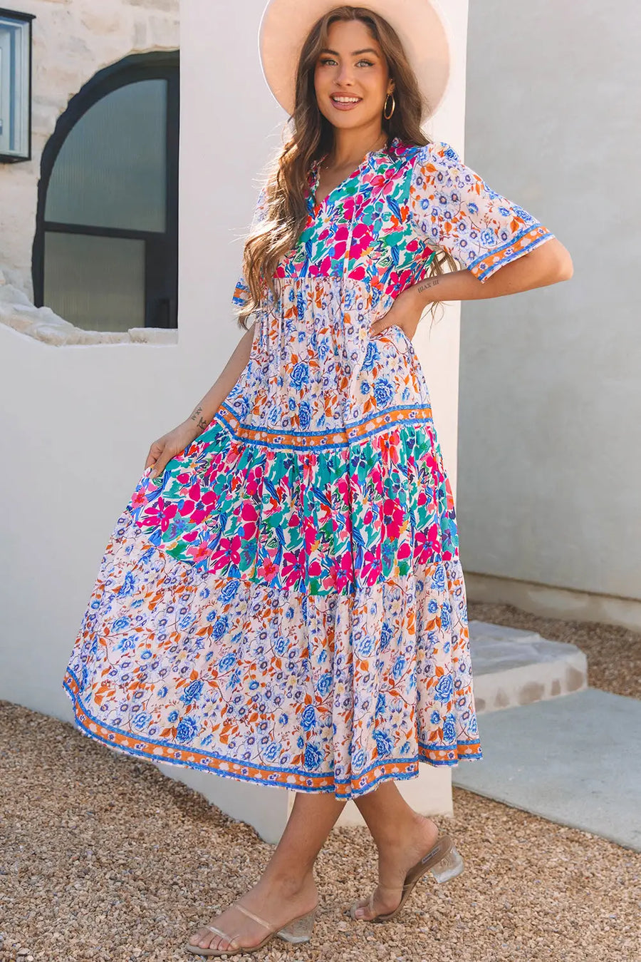 Sky Blue Mixed Floral Tie Split Neck Short Sleeve Dress Women UK