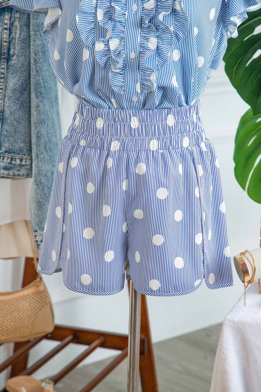 Polka Dot Print Shirred High Waist Casual Shorts — fabric texture detail | Fashionfitz UK