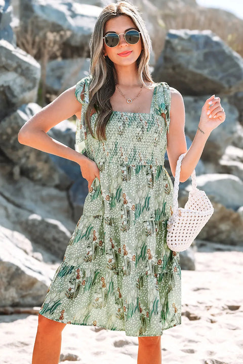 Grey Floral Knotted Strap Smocked Tiered Ruffle Mini Dress Women UK