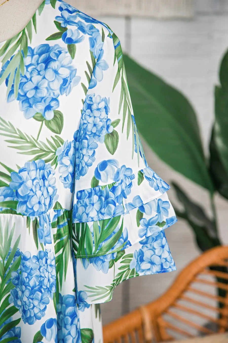 Sky Blue Palm Floral Contrast Ribbon Knot Ruffle Mini Dress Women UK