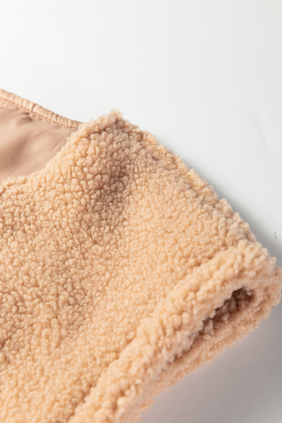 Ladies Beige Fuzzy Fleece Gilet with Big Button Accent