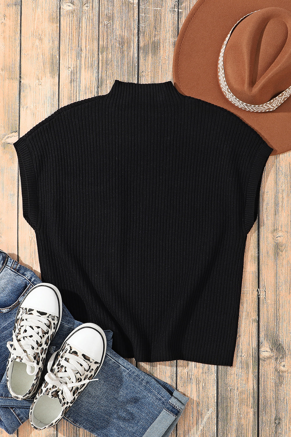 Ribbed Knit Short Sleeve Sweater - Patch Pocket