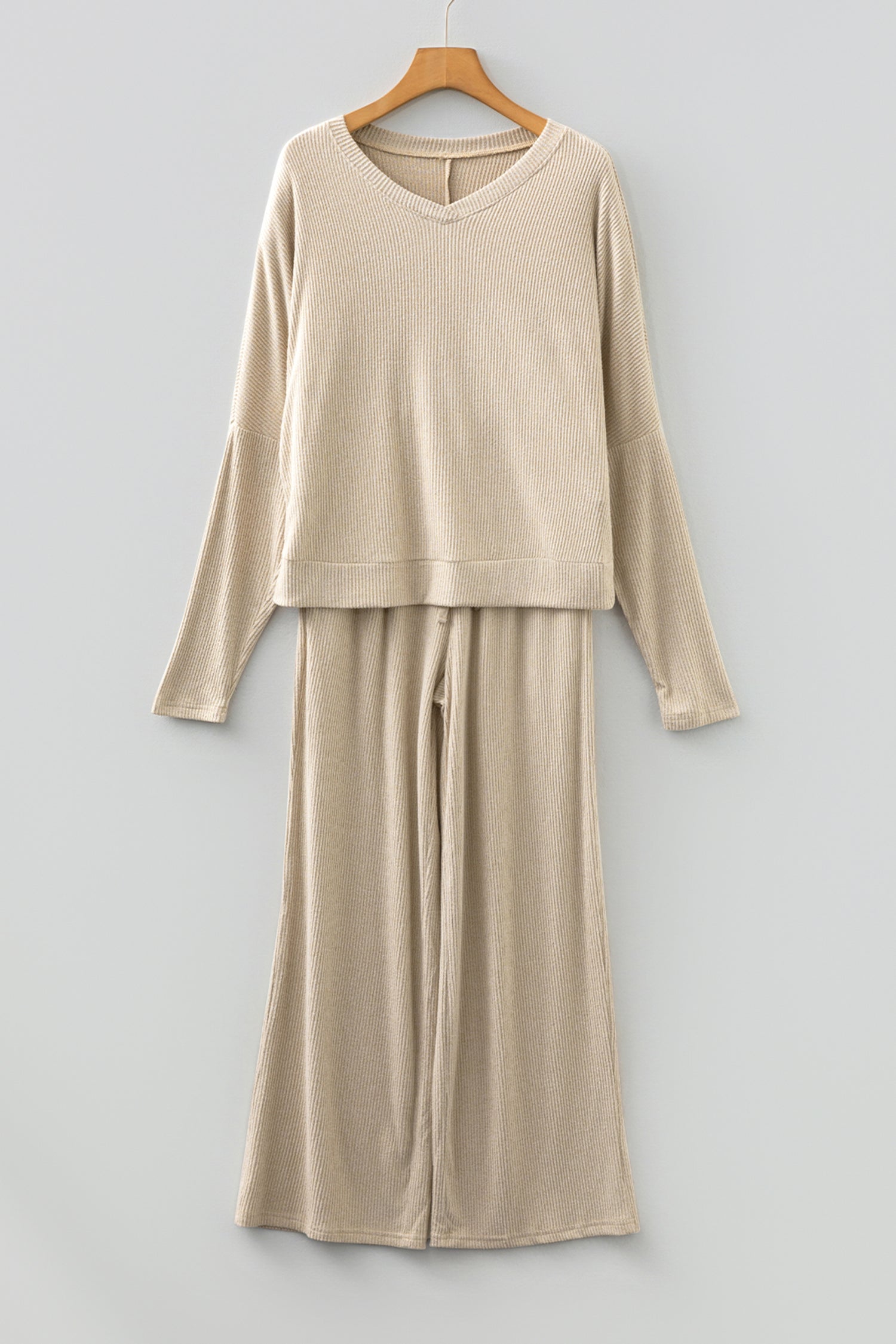 3D Ribbed V Neck Pullover & Drawstring Pants Lounge Set Women UK