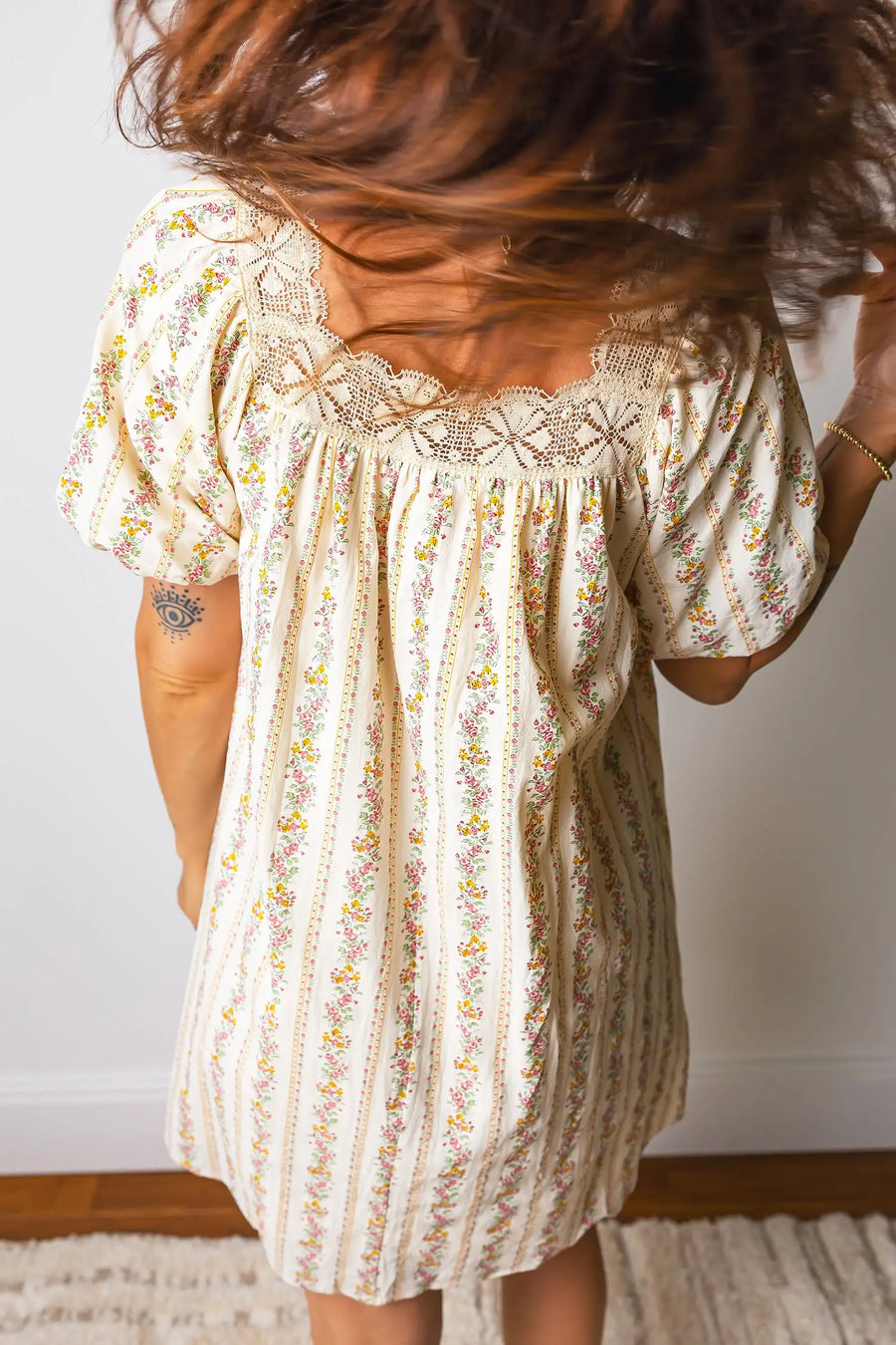 Multicolour Floral Lace Trim Bow Square Neck Mini Dress Women UK