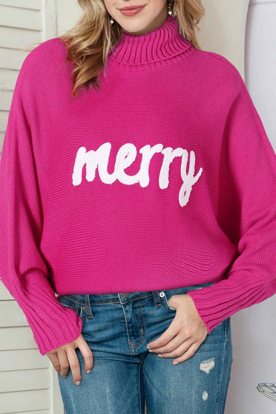 Front view of the Fiery Red High Neck Sweater for a Stylish Christmas, featuring 'merry' print and relaxed fit for festive winter style.
