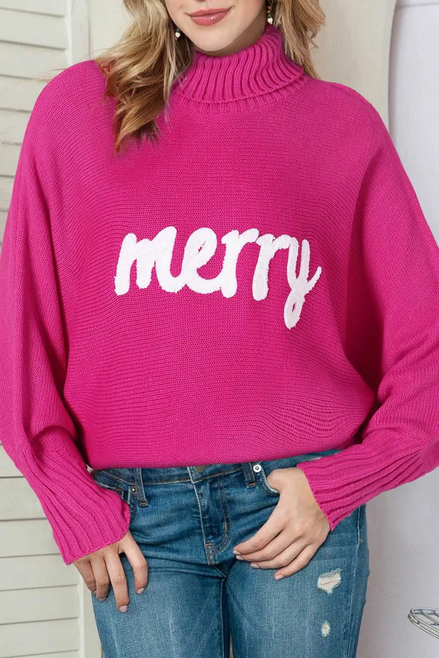 Front view of the Fiery Red High Neck Sweater for a Stylish Christmas, featuring 'merry' print and relaxed fit for festive winter style.