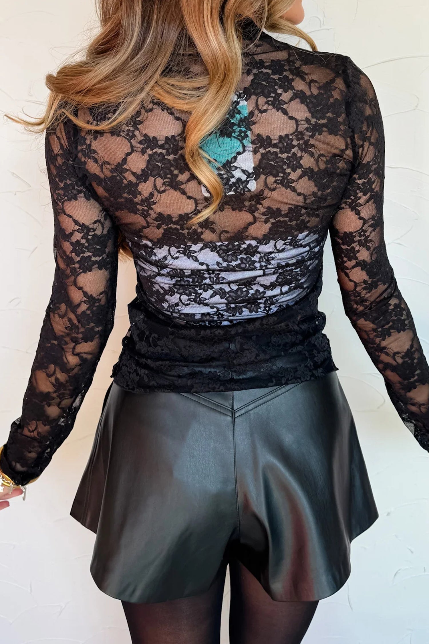 Sheer Floral Lace Mock Neck Lettuce Trim Long Sleeve Top