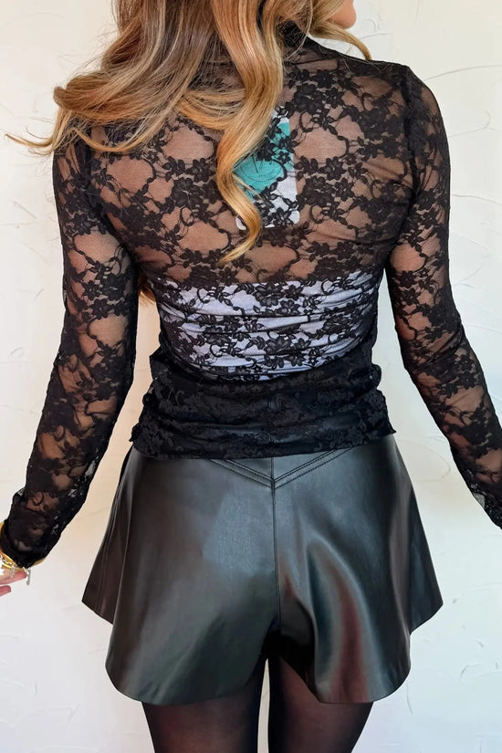 Black sheer floral lace lettuce trim mock neck long sleeve top